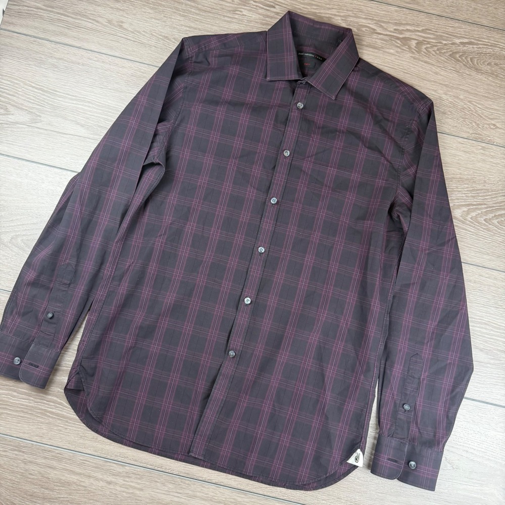 John Varvatos USA Mens Button Down Slim Fit Plaid Purple 15.5 34/35